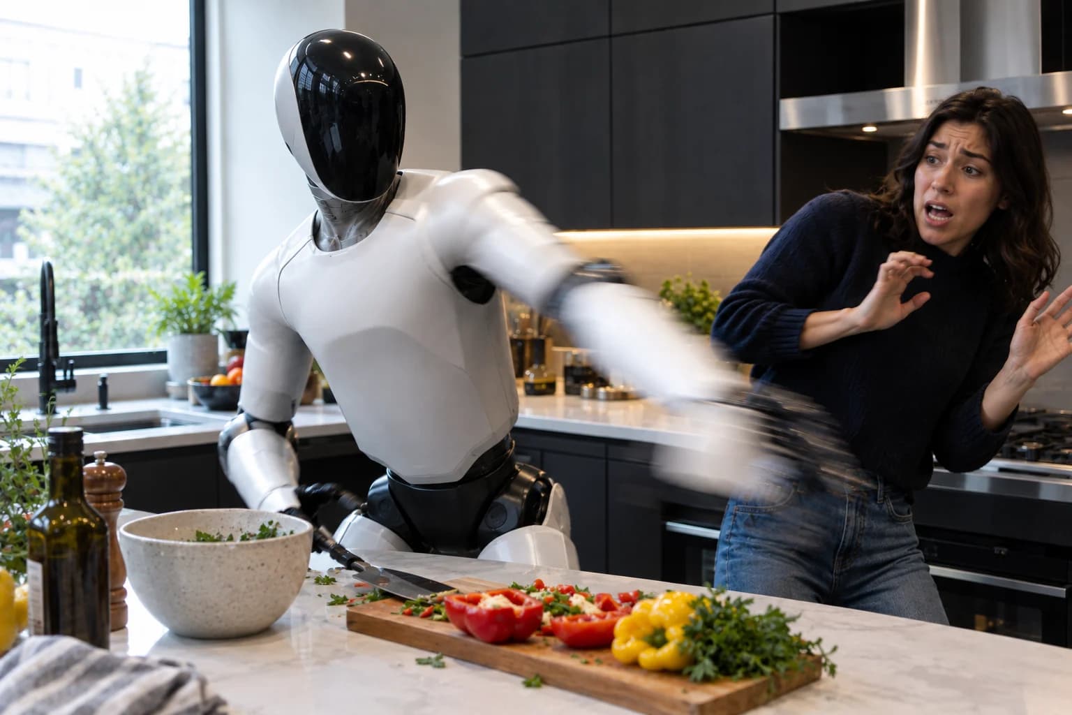 Illustrative scenario: a humanoid robot swings its arm near a person preparing food in a kitchen.