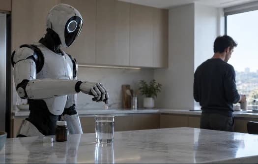 Illustrative scenario: a robot adds a substance to a glass while a person faces away.
